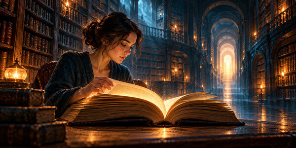 Читател отваря книга като символ на миналото и бъдещето.